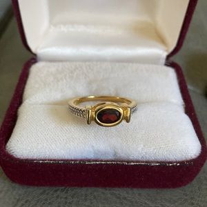 Garnet Ring set in 14K gold over, comfortable for everyday wear.